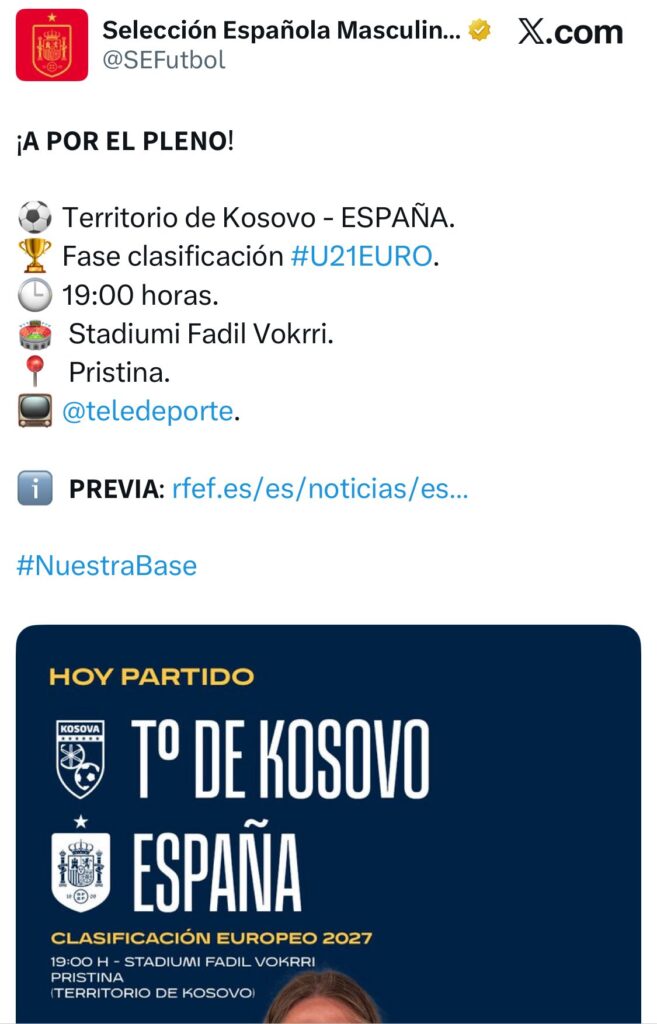 Post divulgação da Espanha, que irritou Kosovo. Foto: SEFutbol/via X — Divulgação.
