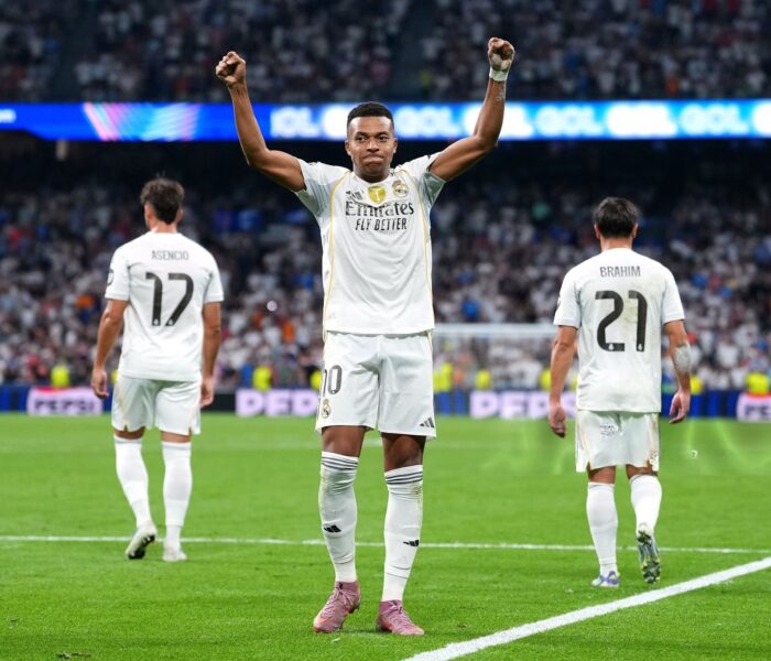 Mbappe comemora o gol na estreia do Real Madrid nesta Champions. Foto: Mateo Villalba Sanchez/Getty Images — Reprodução.