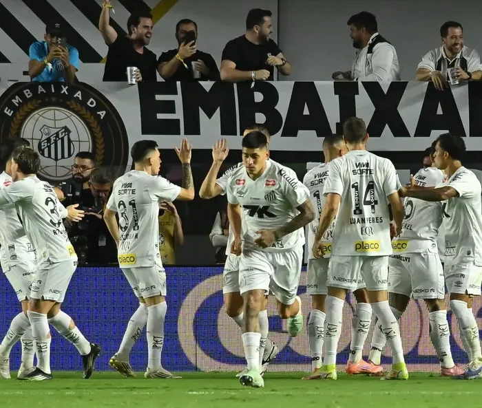 Jogadores do Santos celebram o gol marcado. Foto: Jota Erre/AGIF — Reprodução.