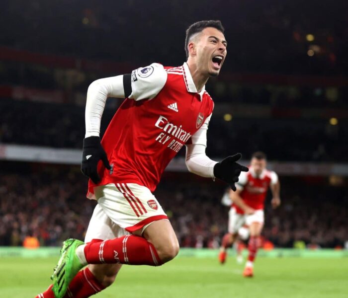 Martinelli marcou no último do Arsenal, na vitória por 3 a 0 sobre o Club Brugge. Foto: Alex Pantling/Getty Images