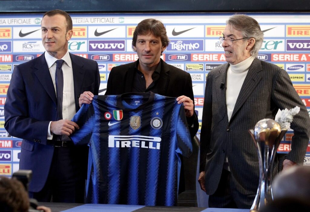 Apesar de Moratti ter antecipado a chegada do treinador na véspera do Natal, Leonardo só foi apresentado oficialmente apenas cinco dias depois. Foto: Vittorio Zunino Celotto/Getty Images
