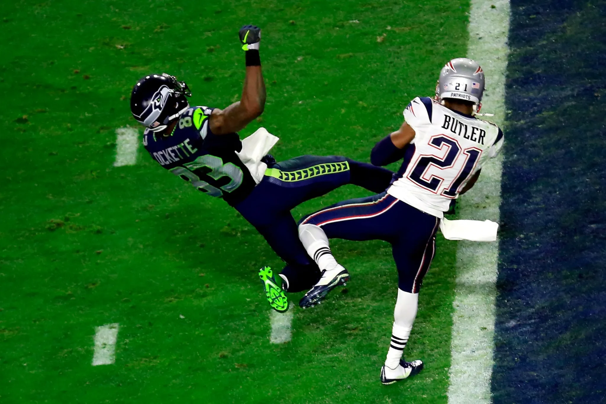Interceptação de Malcolm Butler que garantiu o título do New England Patriots há 11 anos, contra o Seattle Seahawks (Foto: Jamie Squire/Getty Images)