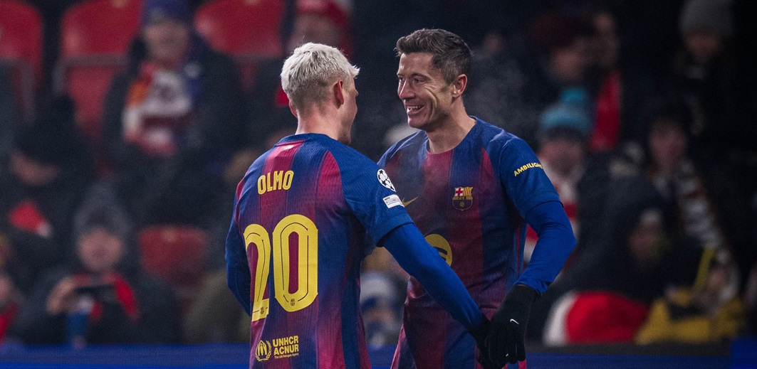 Dani Olmo e Lewandowski marcaram para o Barcelona contra o Slavia Praga