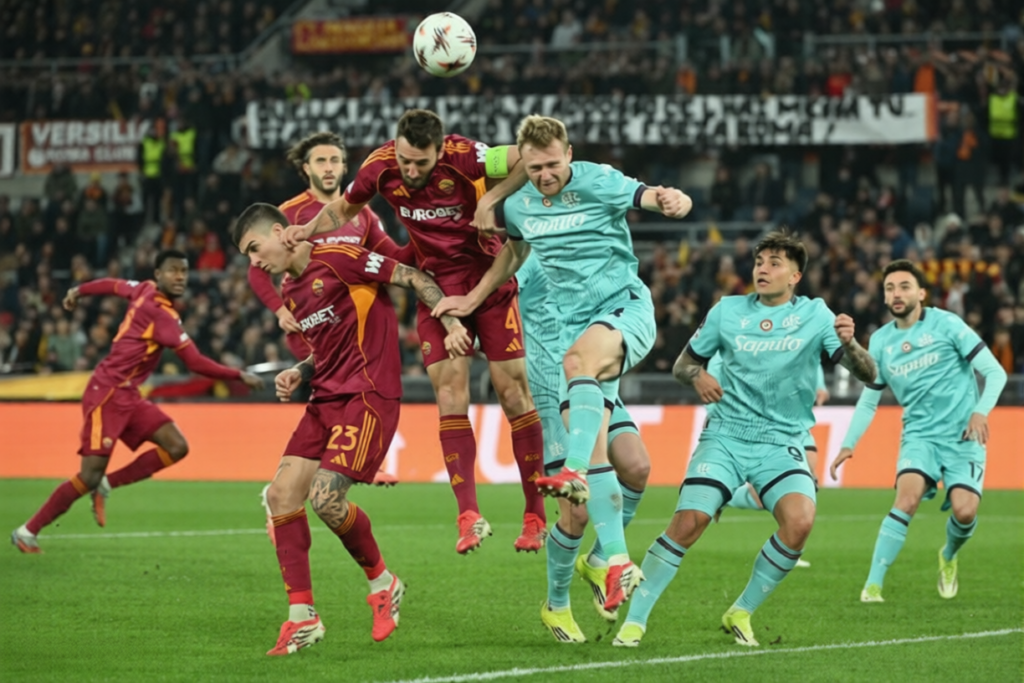 Bryan Cristante e Tommaso Pobega disputam a bola no alto. Foto: Alberto Pizzoli/AFP.