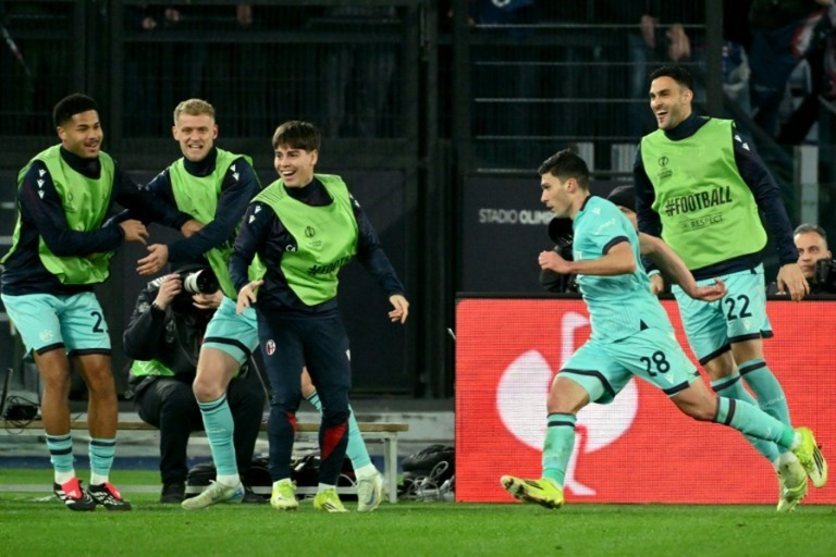 Nicolò Cambiaghi foi o autor do gol da classificação do Bologna para as quartas de final da Europa League. Foto: Alberto Pizzoli/AFP