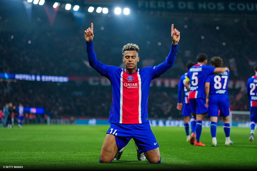 Doué comemora o gol da vitória do PSG por 1 a 0 diante do Brést pela Ligue 1