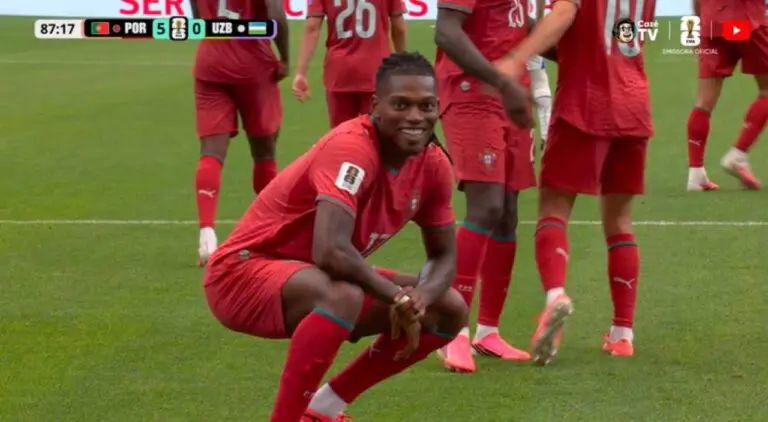 Rafael Leão, Portugal x Uzbequistão, Copa do Mundo 2026. Foto: Reprodução/Cazé TV