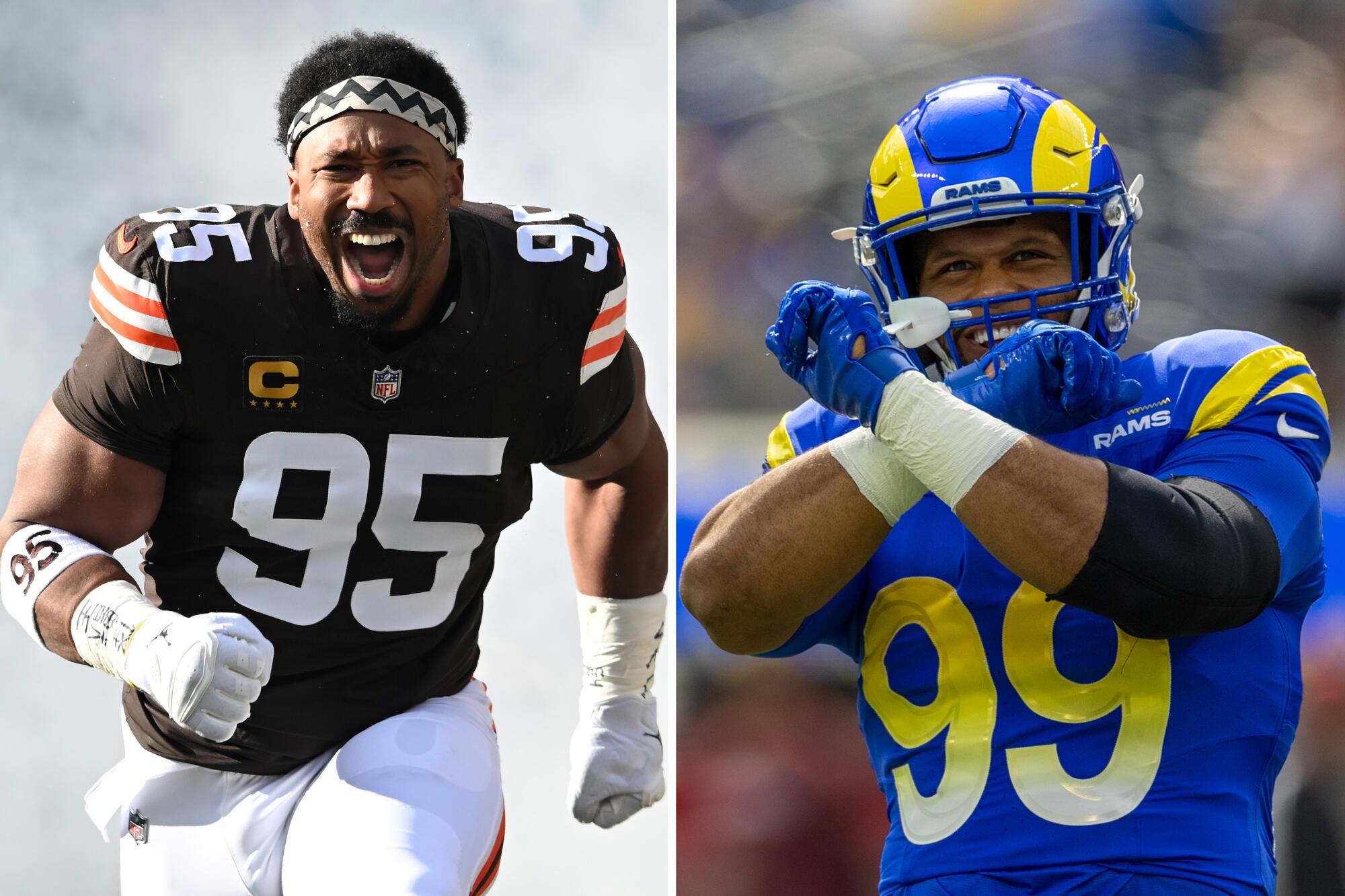 Myles Garrett e Aaron Donald (Foto: Los Angeles Times/Getty Images)