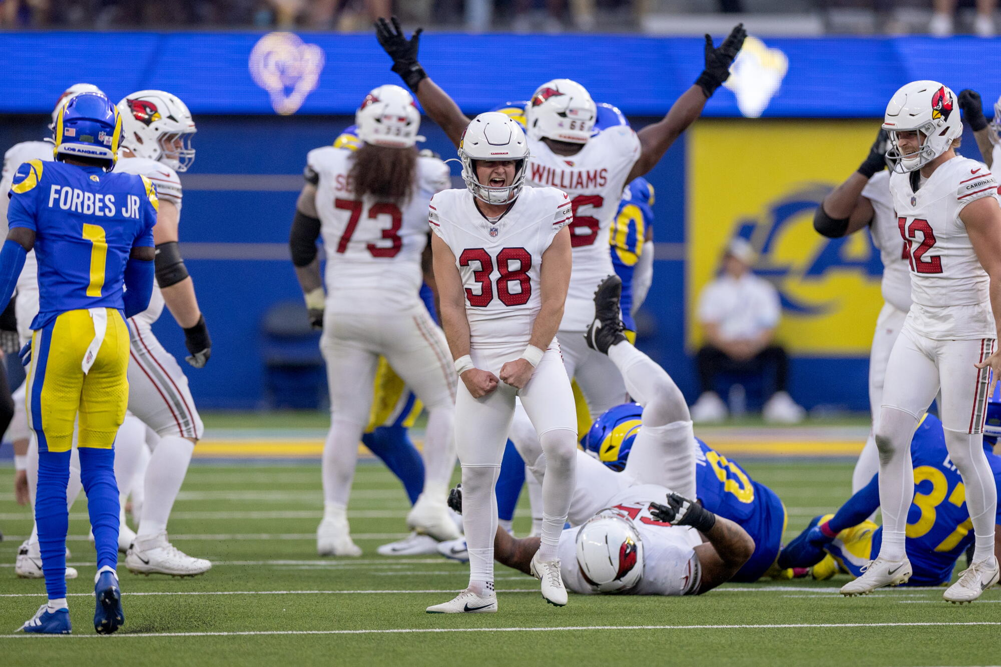 Vitória do Arizona Cardinals em cima do Los Angeles Rams (Foto: Eric Thayer/Los Angeles Times)